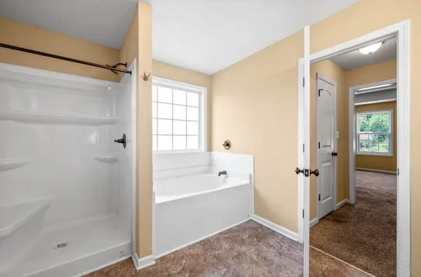 a bathroom with a bathtub and a shower