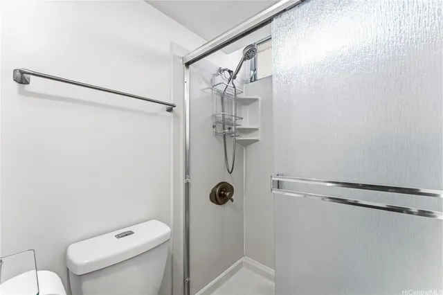 a bathroom with a shower and toilet