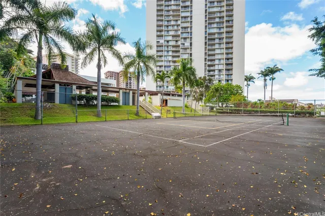 a view of a house with a big yard and palm trees