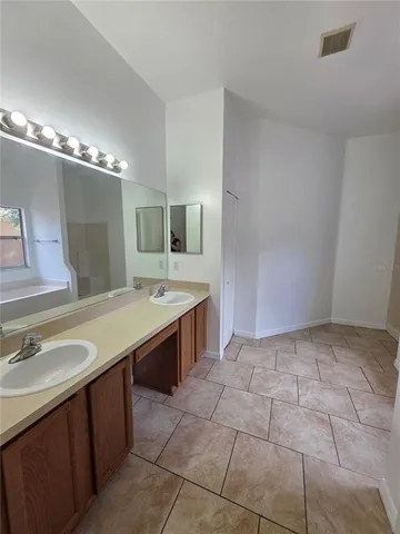 a bathroom with a sink a mirror and a bathtub
