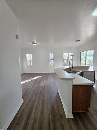 a kitchen with a sink and wooden floor