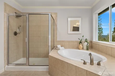 a bathroom with a tub and a shower