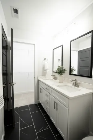 a bathroom with a double vanity sink mirror and shower