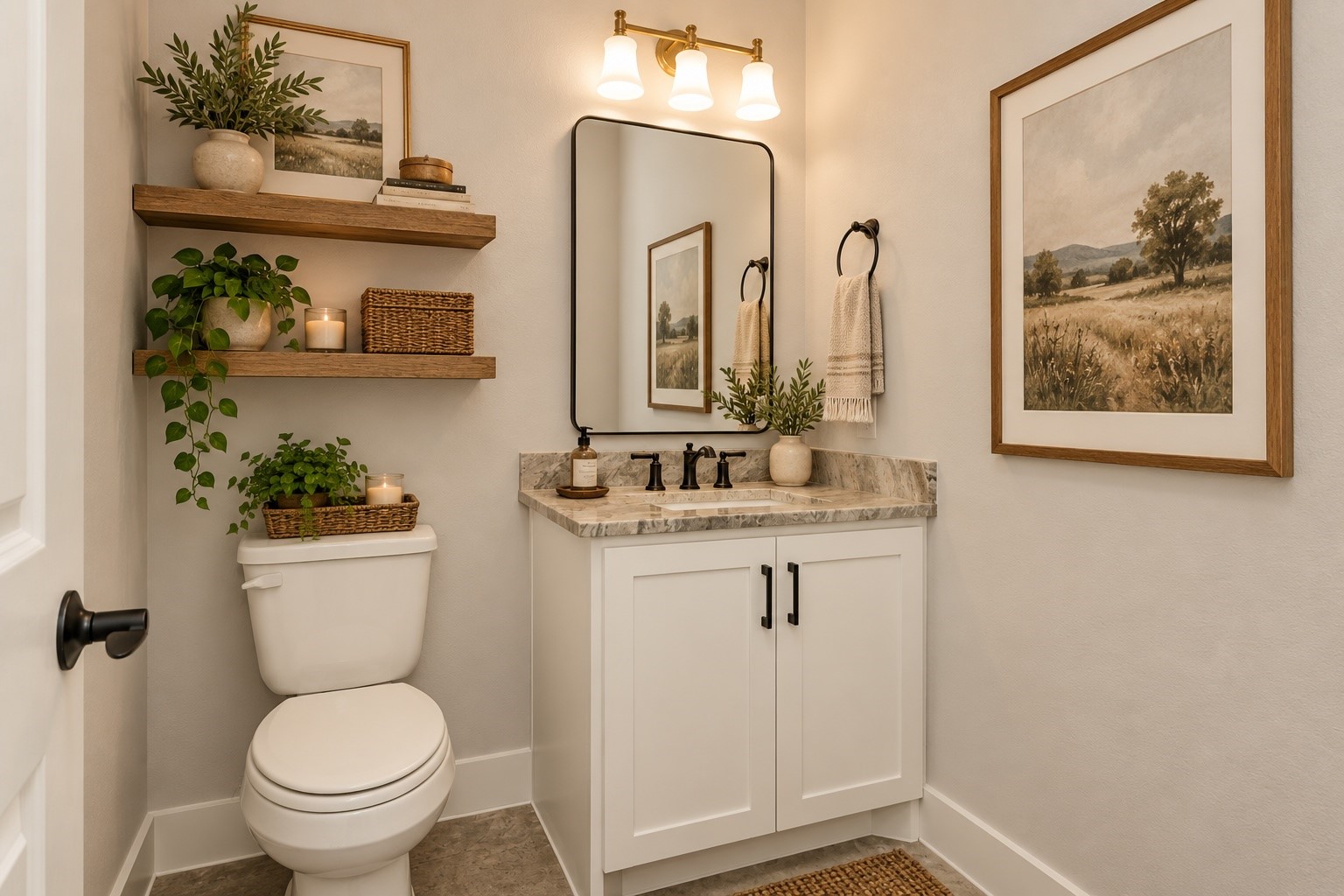 12744 Oak Barrel Road Willis, TX 77378 - Photo 28 of 38 Virtually staged. Conveniently located just down the hall from the living room and kitchen, the half bath is perfectly positioned for guests. This thoughtfully placed powder room offers both privacy and accessibility, making it ideal for entertaining. Wood floating shelves virtually staged for inspirational ideas.