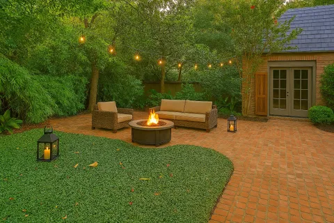 a view of a backyard with sitting area