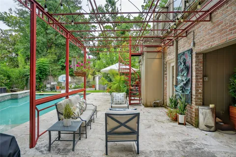 a building outdoor space with patio furniture