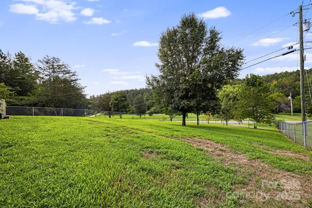a view of a grassy field with trees in the background