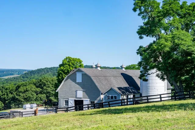 an aerial view of a house with swimming pool and big yard
