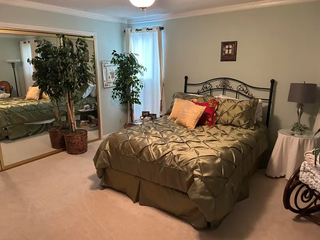 a bedroom with a bed lamp and a potted plant