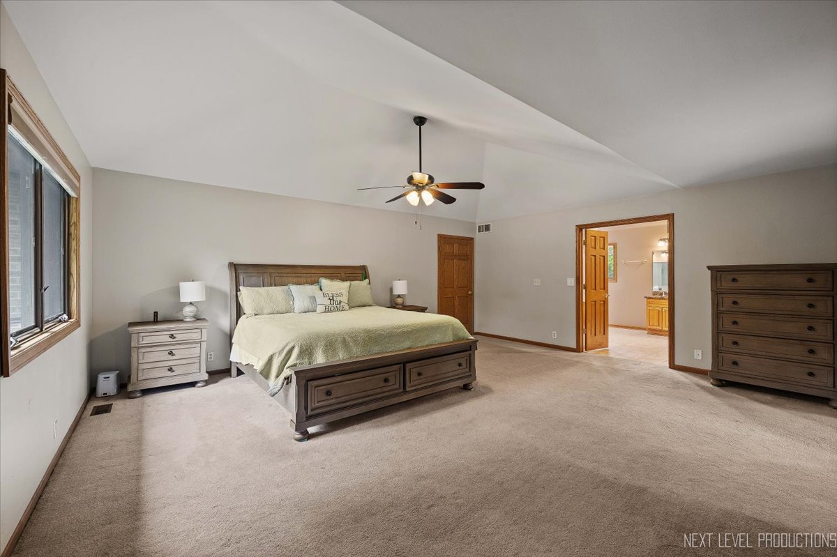 905 Merrill New Road Sugar Grove, IL 60554 - Photo 20 of 44 a spacious bedroom with a bed and a chandelier