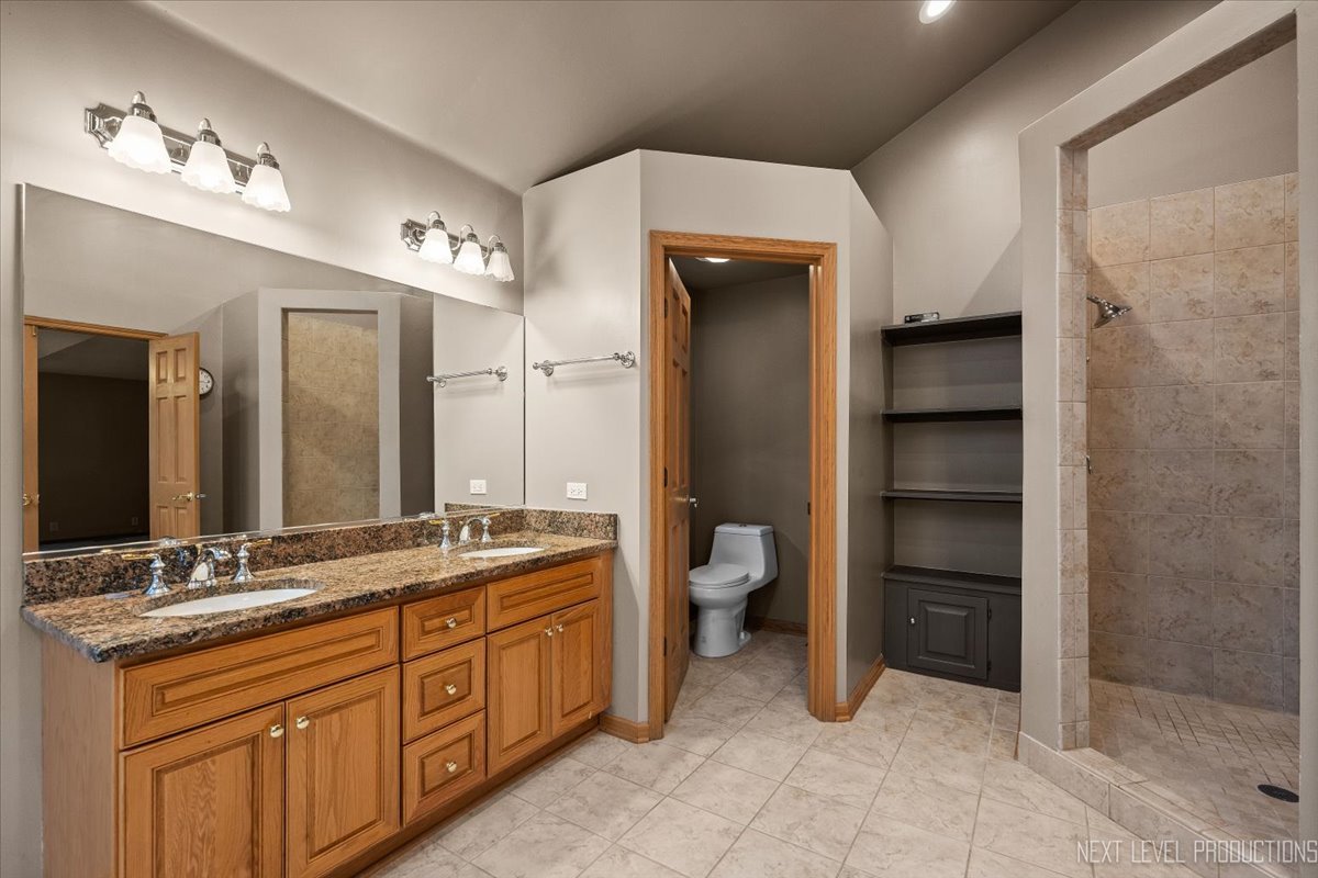 905 Merrill New Road Sugar Grove, IL 60554 - Photo 22 of 44 a spacious bathroom with a granite countertop sink and a mirror