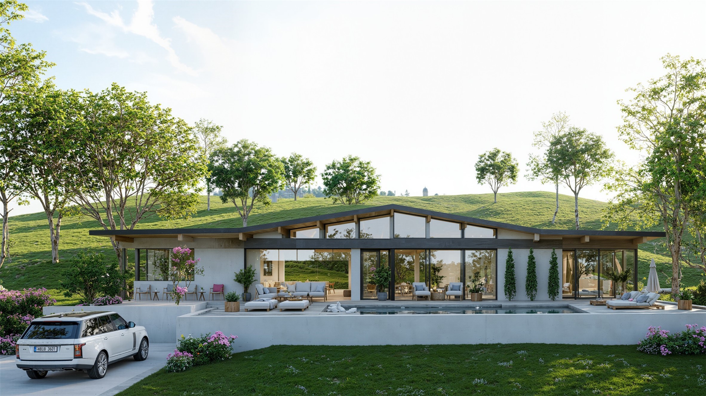 a view of a house with a yard patio and furniture