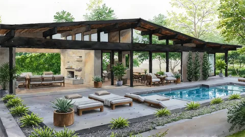 a view of a patio with couches table and chairs potted plants and large tree
