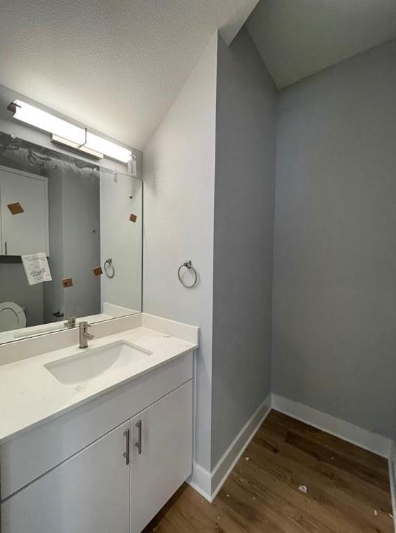 6014 Fairway Street, Unit 2 Austin, TX 78741 - Photo 8 of 20 Bathroom with wood finished floors, vanity, and vaulted ceiling