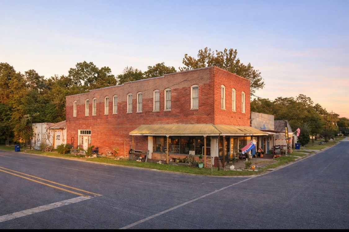 a front view of a building with street view