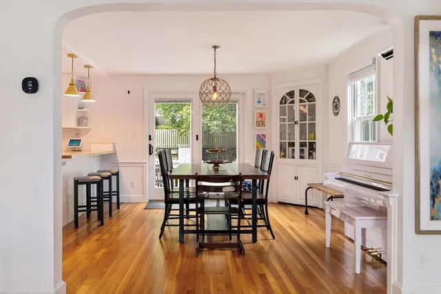 a view of a a dining room with furniture window and wooden floor