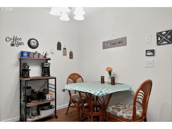 a view of a dining room with furniture