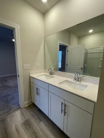 a bathroom with double vanity sink and a mirror