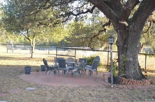 an outdoor space with seating