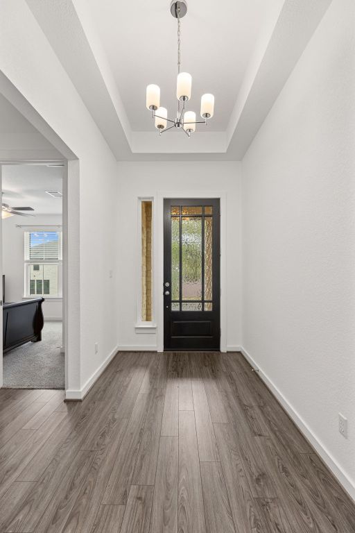 317 Independence Drive Kyle, TX 78640 - Photo 6 of 40 The Entryway sets the tone the moment you step inside. It feels welcoming yet elegant, with a high tray ceiling and a modern chandelier that casts a warm, inviting glow.
