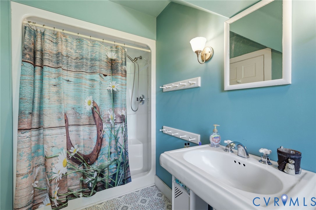 334 Pump Road New Canton, VA 23123 - Photo 21 of 74 a bathroom with a sink a mirror and a shower