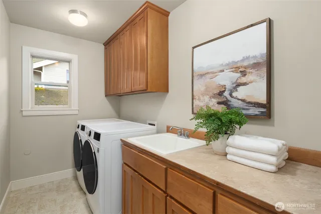 a view of washer and dryer with a potted plant
