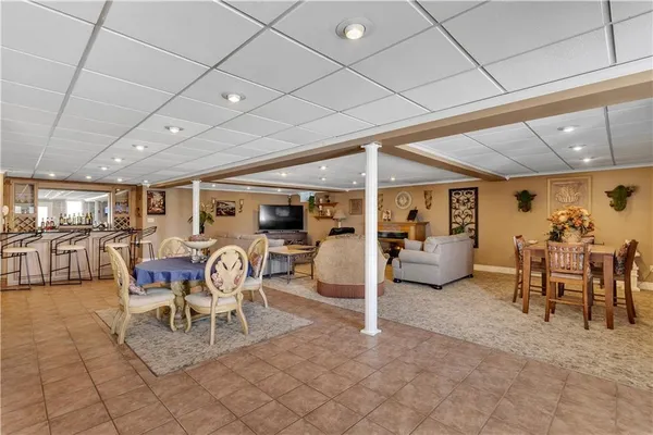 a view of a dining room with furniture