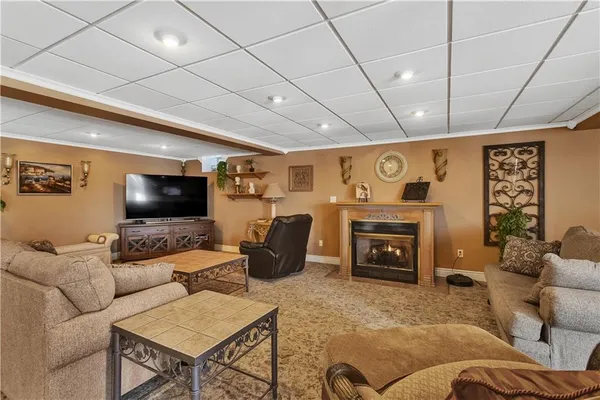 a living room with furniture a table and a potted plant