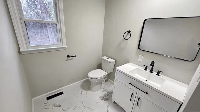 a bathroom with a toilet sink vanity and mirror