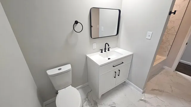 a bathroom with a toilet sink and mirror