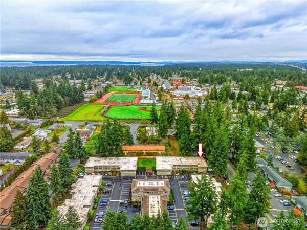 an aerial view of a city with lots of residential buildings ocean and mountain view in back