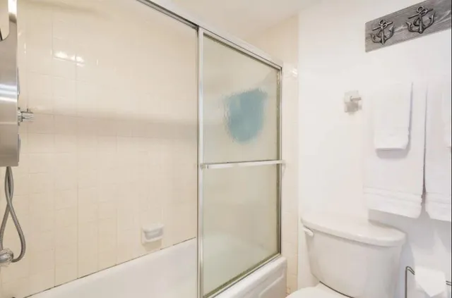 a bathroom with a shower and a toilet