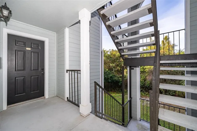 a view of a building from a hallway