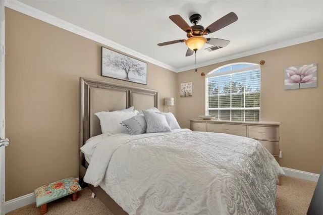 a spacious bedroom with a bed and a chandelier