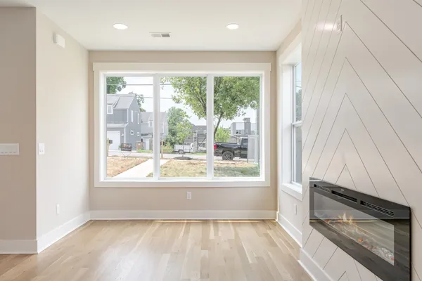 a living room with a large window