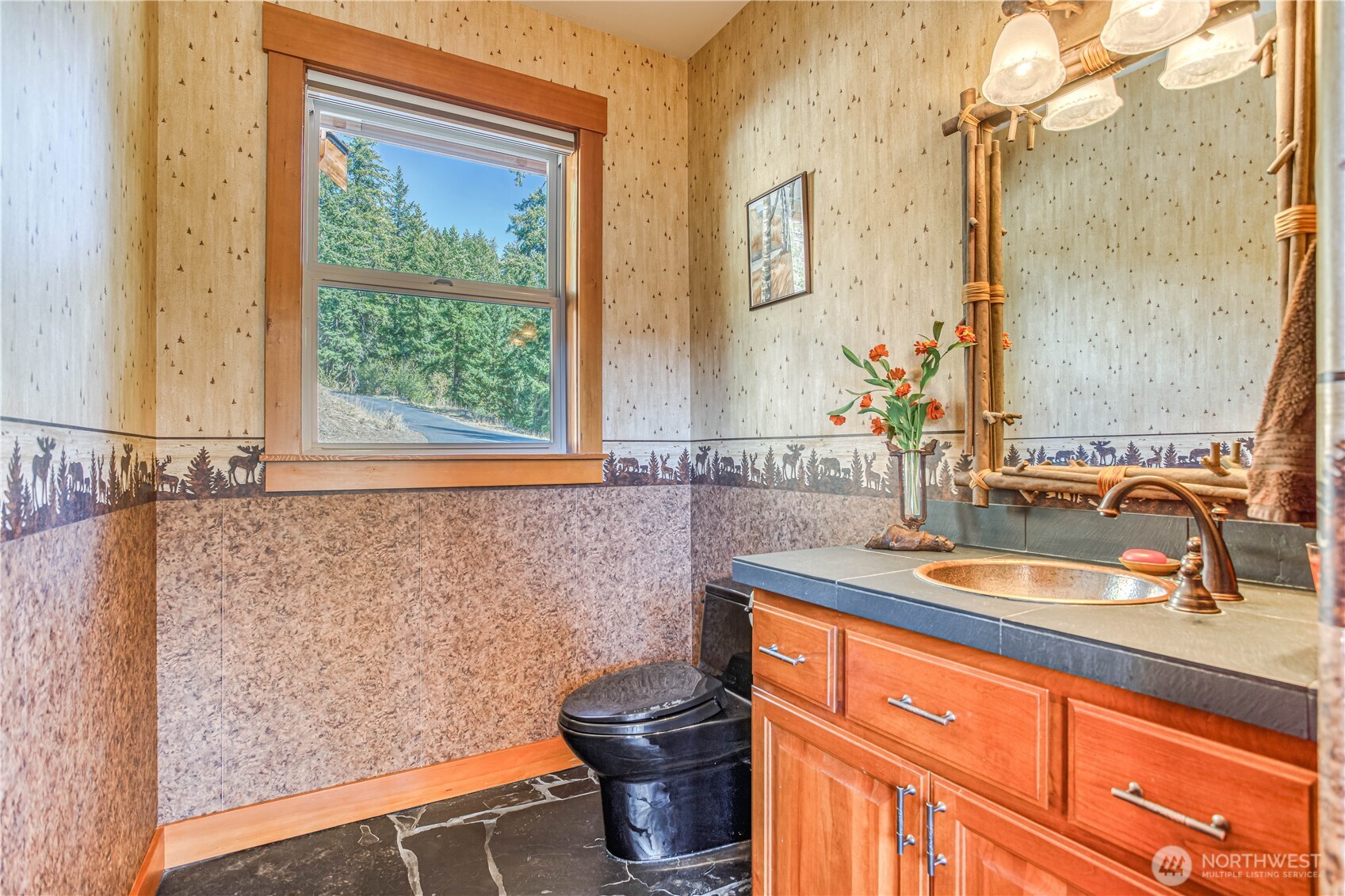 145 Lava Lane Ronald, WA 98940 - Photo 19 of 39 a bathroom with a granite countertop sink and a mirror