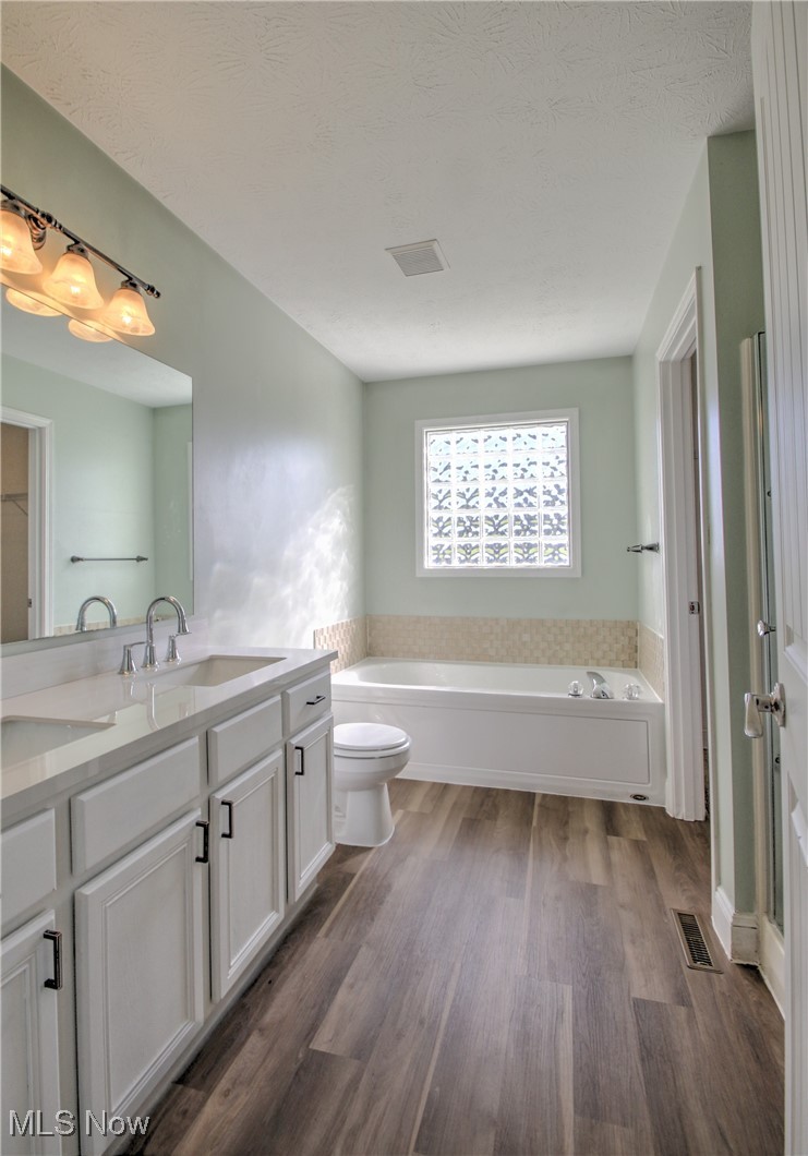 4998 Wayne Road Mantua, OH 44255 - Photo 20 of 43 Master bathroom with a bath, hardwood / wood-style floors, vanity, and toilet