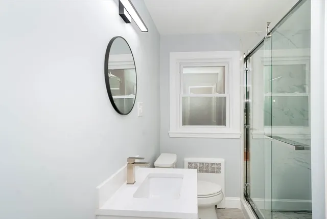 a bathroom with a toilet a sink and a mirror
