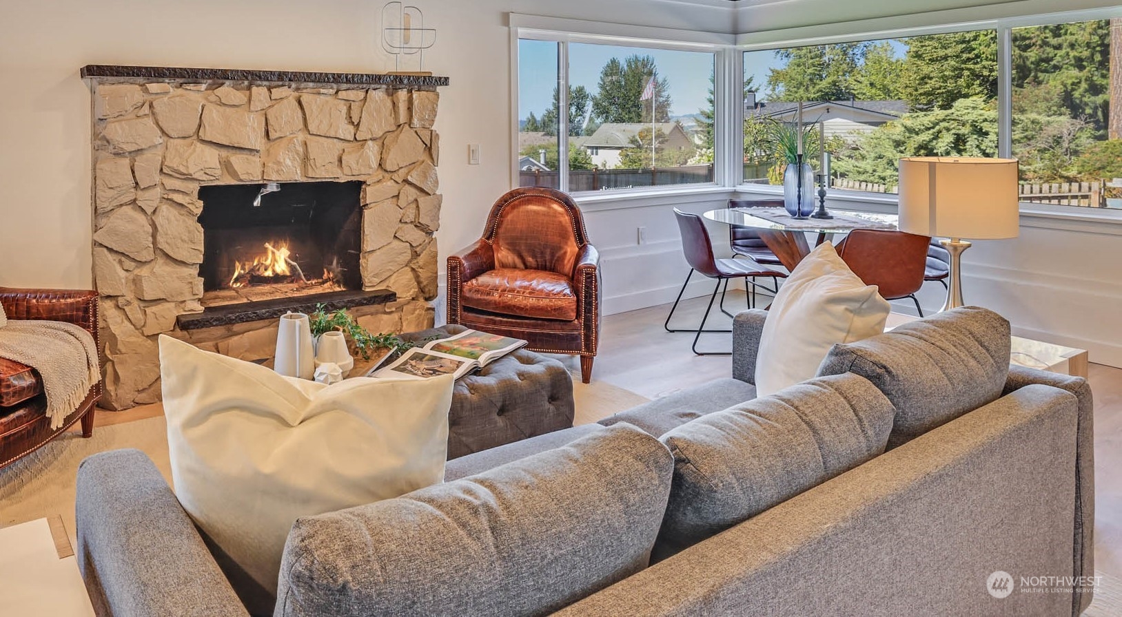 19801 Talbot Road South Renton, WA 98055 - Photo 17 of 20 a living room with furniture a fireplace and a floor to ceiling window