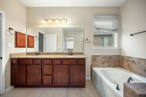 a bathroom with a tub a double vanity sink and a large mirror