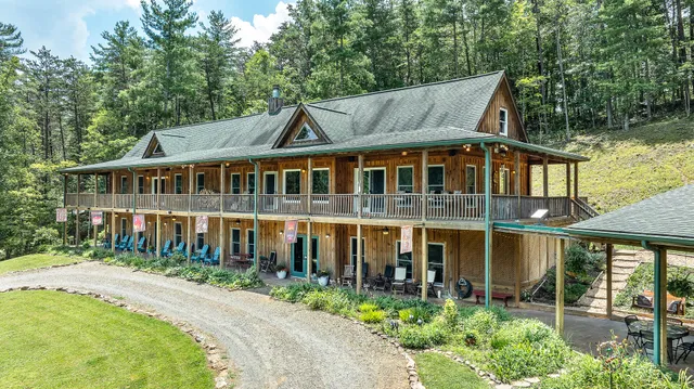 an aerial view of a house with swimming pool and large trees