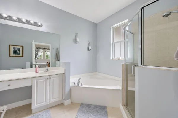 a bathroom with a bath tub sink mirror and a shower