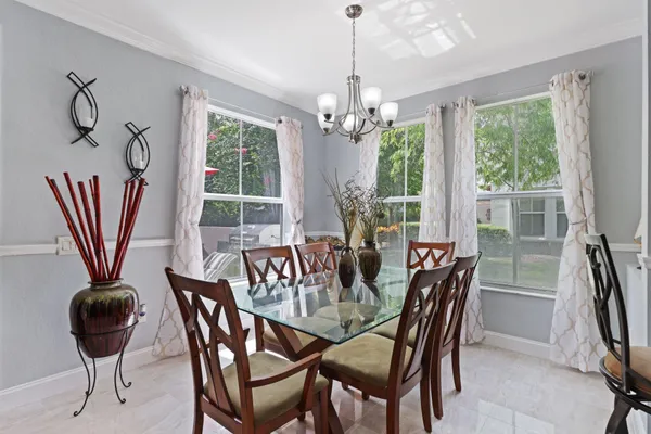 a view of a dining room with furniture window and outside view