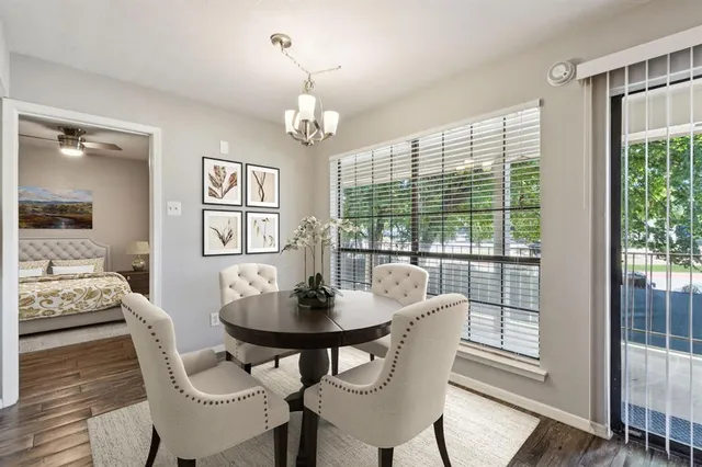 a view of a dining room with furniture wooden floor and chandelier