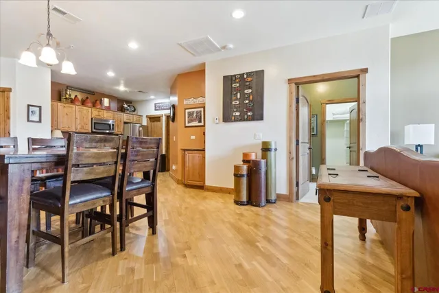 a view of a dining room with furniture
