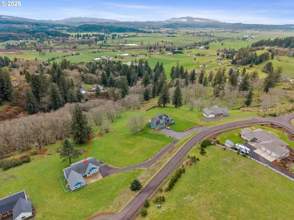 an aerial view of a house with a garden