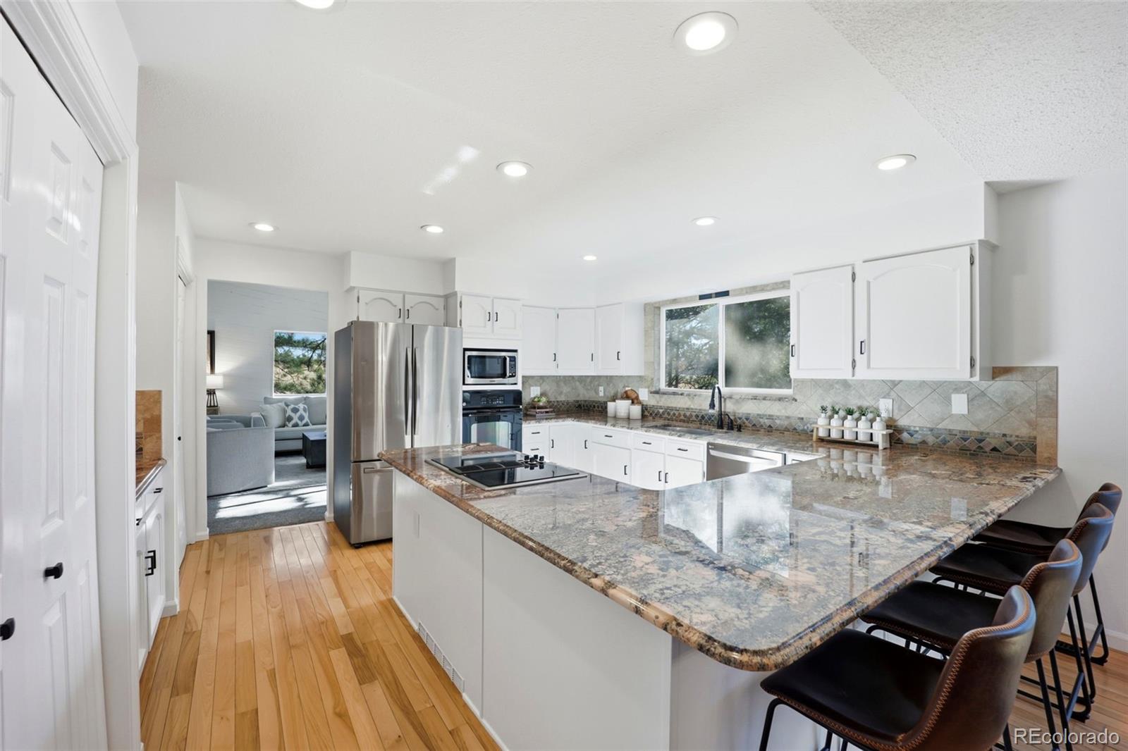 9212 East Tanglewood Road Franktown, CO 80116 - Photo 16 of 50 a kitchen with stainless steel appliances granite countertop a sink refrigerator and cabinets
