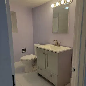 a bathroom with a toilet sink and mirror