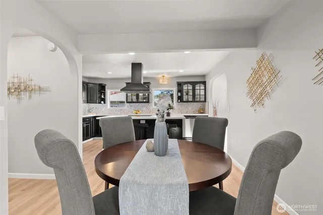 a view of a dining room with furniture