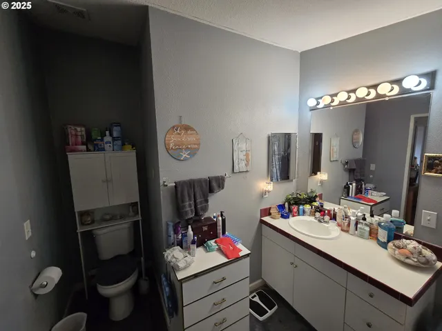 a bathroom with a sink toilet and mirror